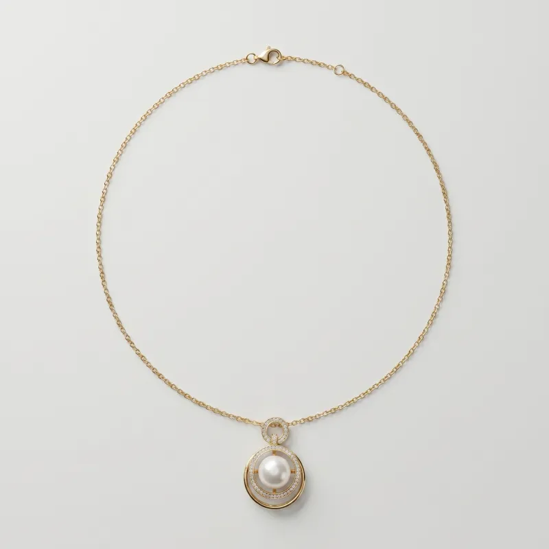14K Gold Plated Double Loop Rhinestone Pearl Necklace, 9.68mm, 19in - Main Image