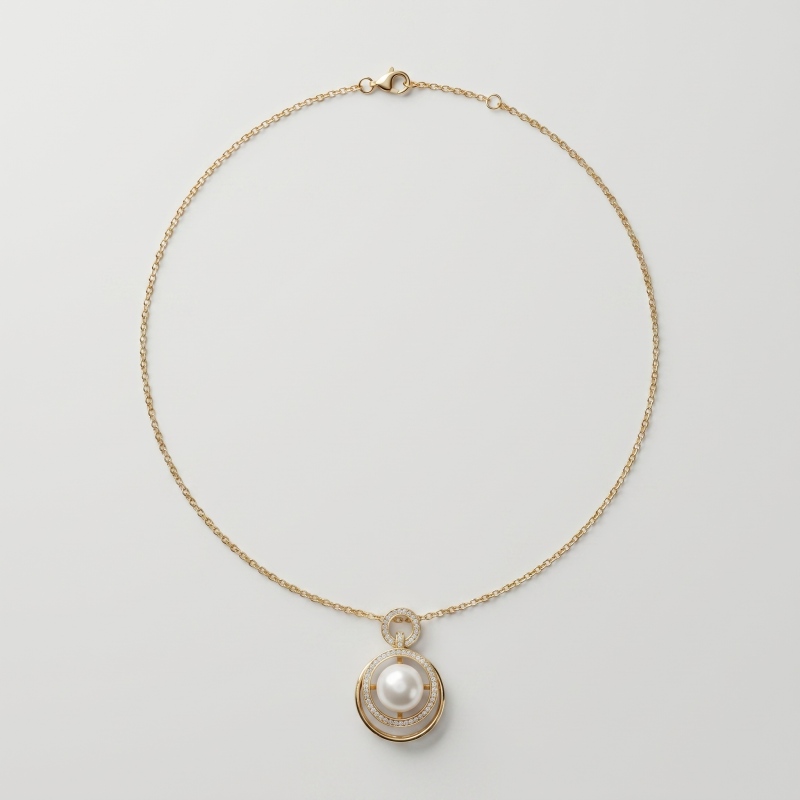 14K Gold Plated Double Loop Rhinestone Pearl Necklace, 9.68mm, 19in - Image 1