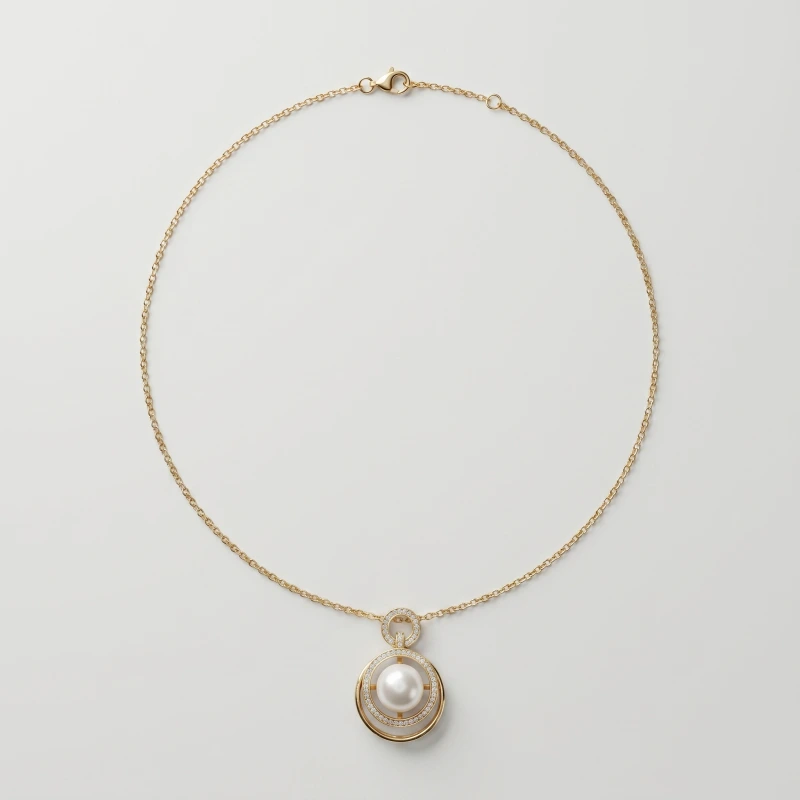14K Gold Plated Double Loop Rhinestone Pearl Necklace, 9.68mm, 19in - Main Image