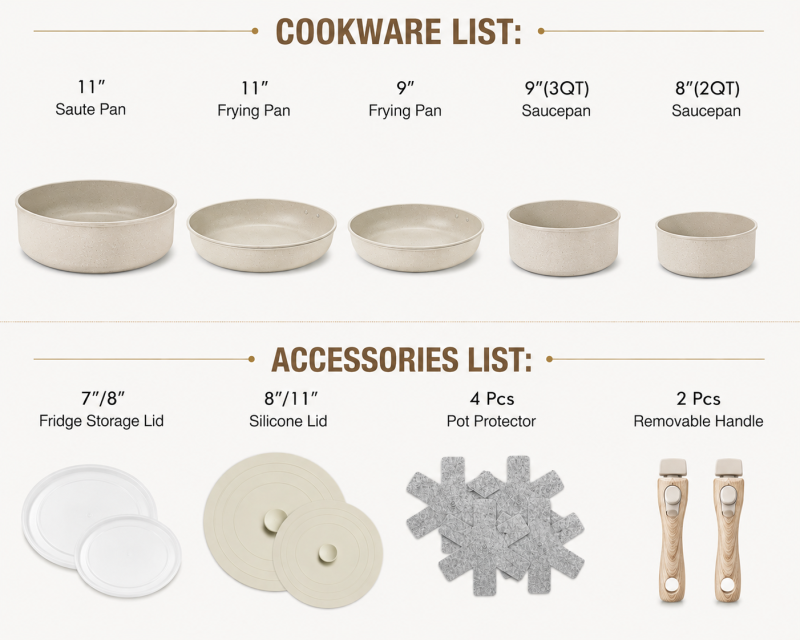 15-Pc Granite-Coated Nonstick Cookware Set with Removable Handles, PFOA-Free Maifan Stone - Image 6