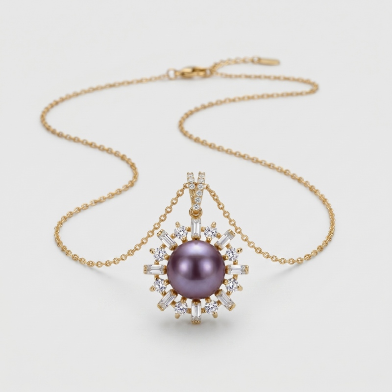 14K Gold Plated Purple Pearl & Crystal Sunburst Pendant Necklace - Main Image